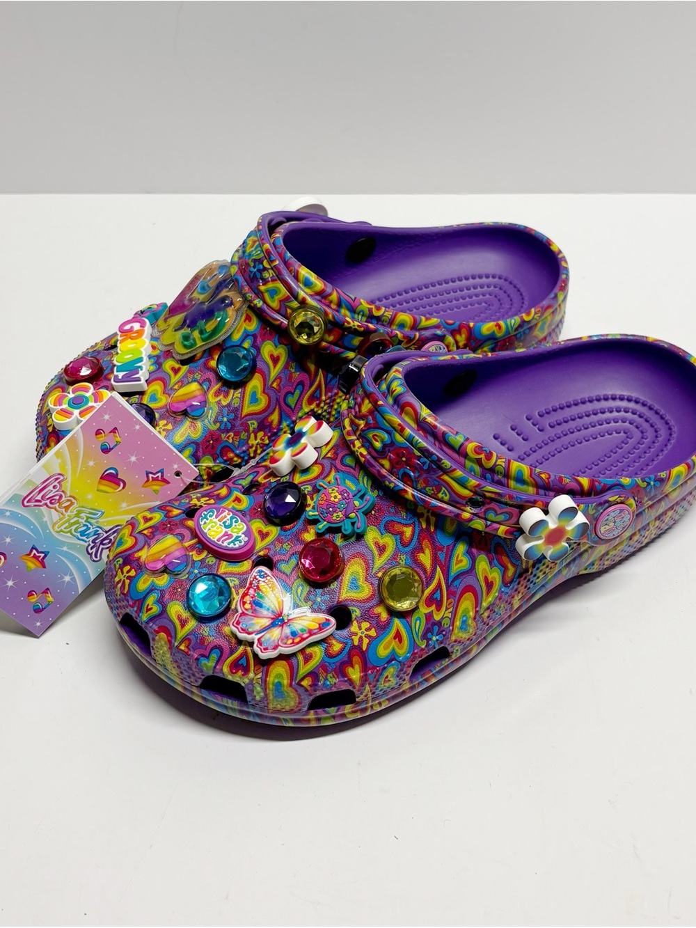 CROCS Kids Purple Heart-Print Clogs with Colorful Gem and Charm Accents
